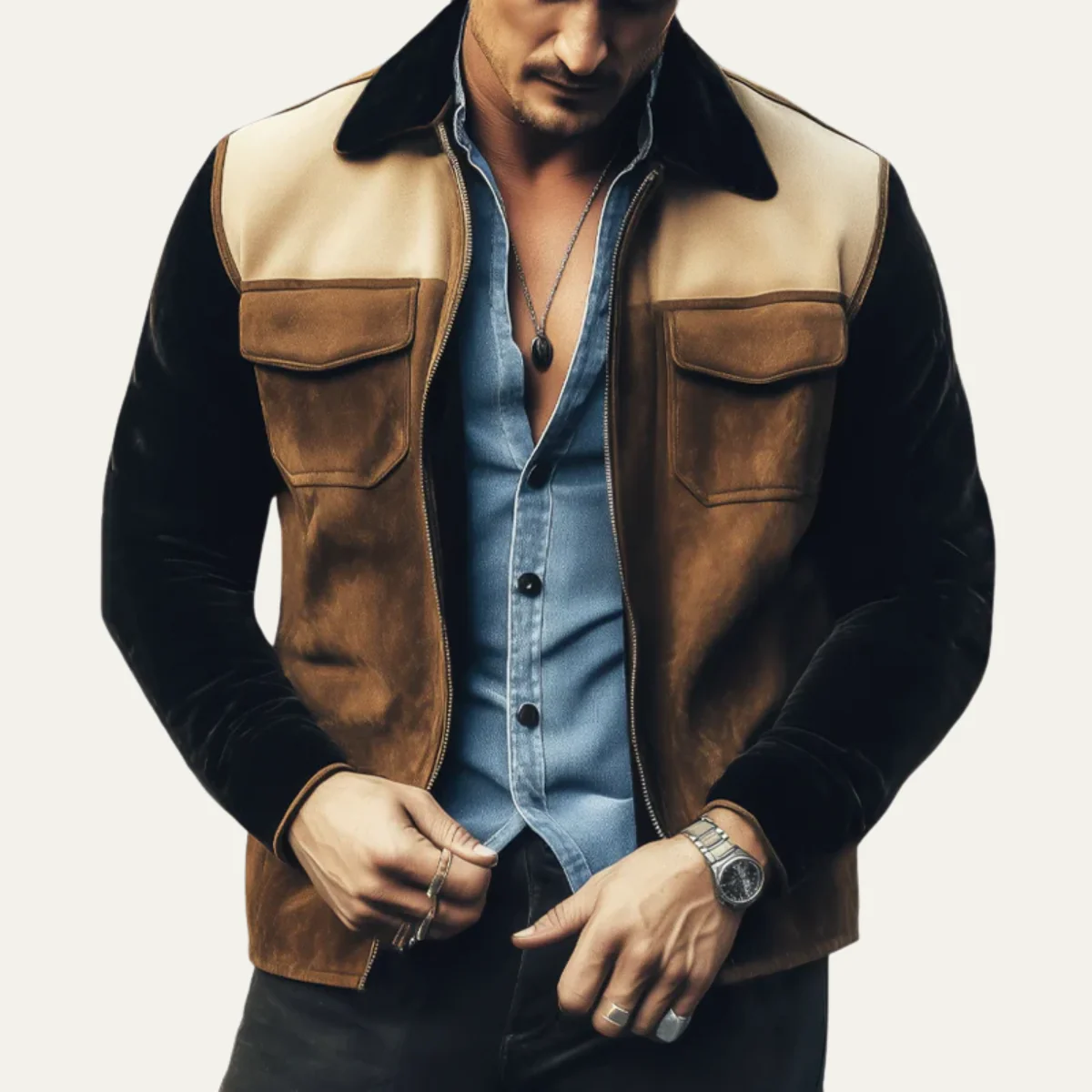 Veste en Suède pour Homme – Design Colourblock en Marron & Beige – Veste en Cuir Stylée – Image 3