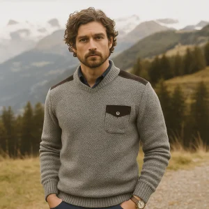 Pull en Laine Homme avec Détails en Suède sur les Épaules – Pull d'Hiver Chaleureux
