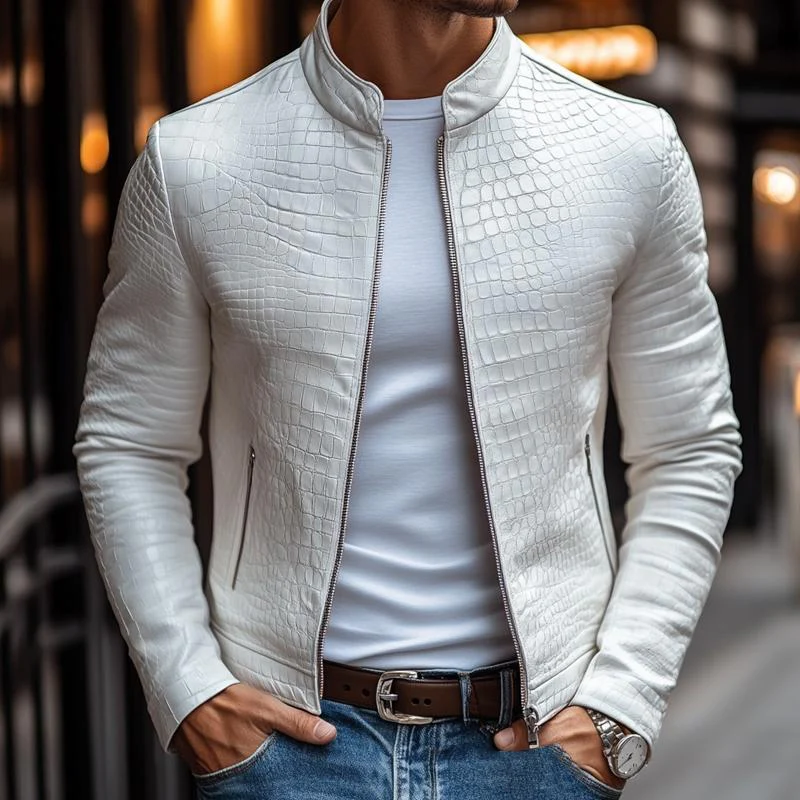 Veste en cuir exclusive pour hommes – Design luxueux blanc avec motif en pierres – Image 2