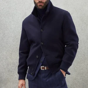 Veste bomber bleu foncé pour homme – Manteau en mélange de laine de luxe dans le style Quiet Luxury Mode hivernale 2025