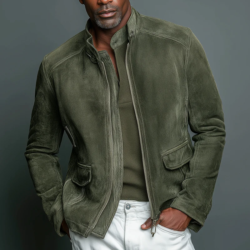 Veste Homme Vintage en Imitation Suède Unie avec Col Montant de Style Baseball – Image 2