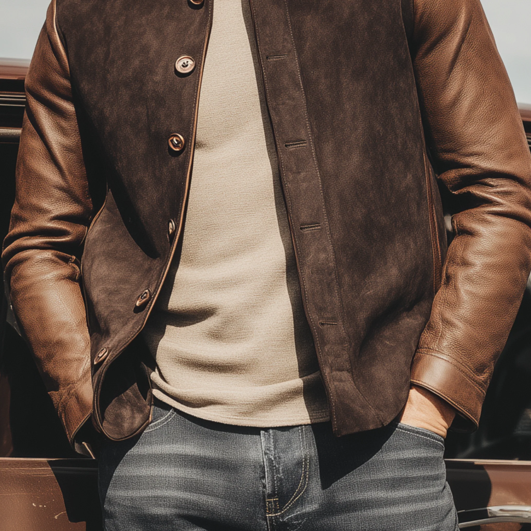 Veste rétro en suède et cuir pour hommes – Manteau de luxe vintage élégant – Image 5