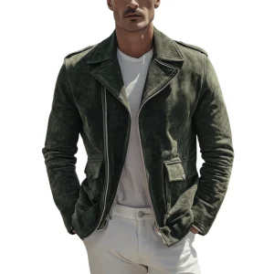 Veste Homme Classique en Suède – Veste Moto Vintage avec Revers et Fermeture Éclair