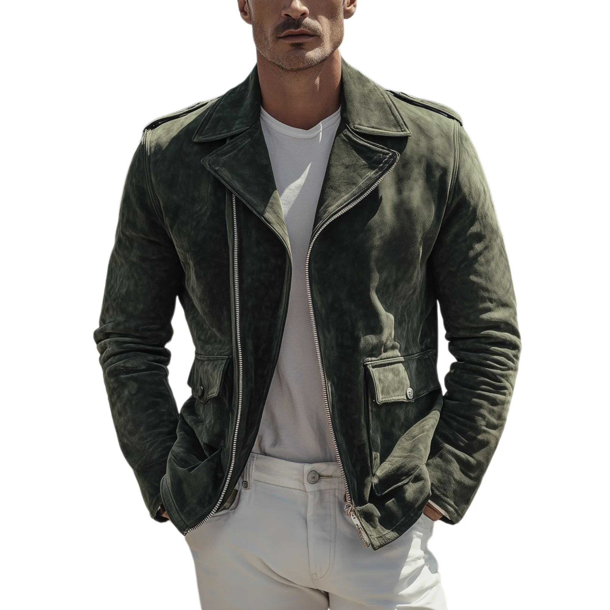 Veste Homme Classique en Suède – Veste Moto Vintage avec Revers et Fermeture Éclair