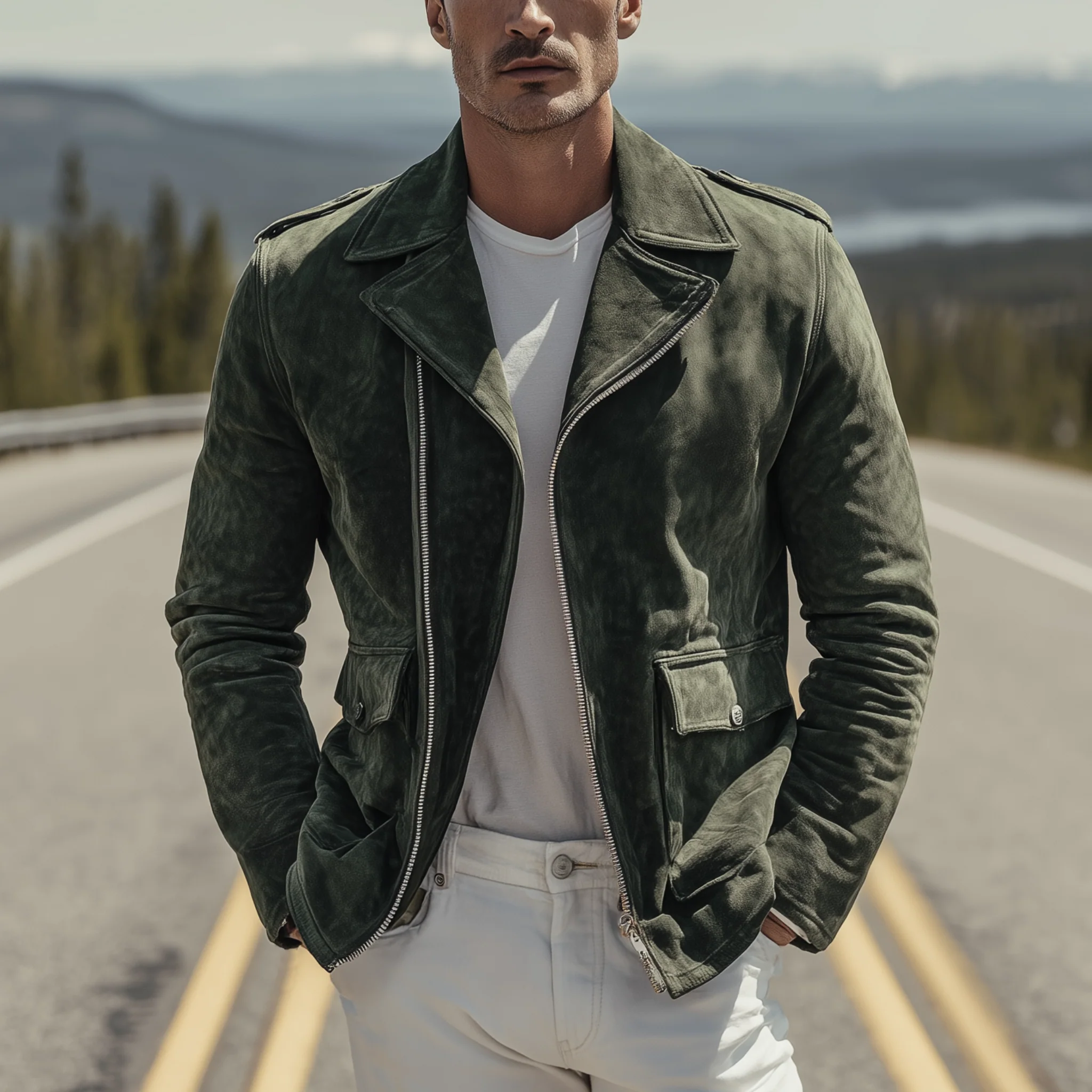 Veste Homme Classique en Suède – Veste Moto Vintage avec Revers et Fermeture Éclair – Image 3