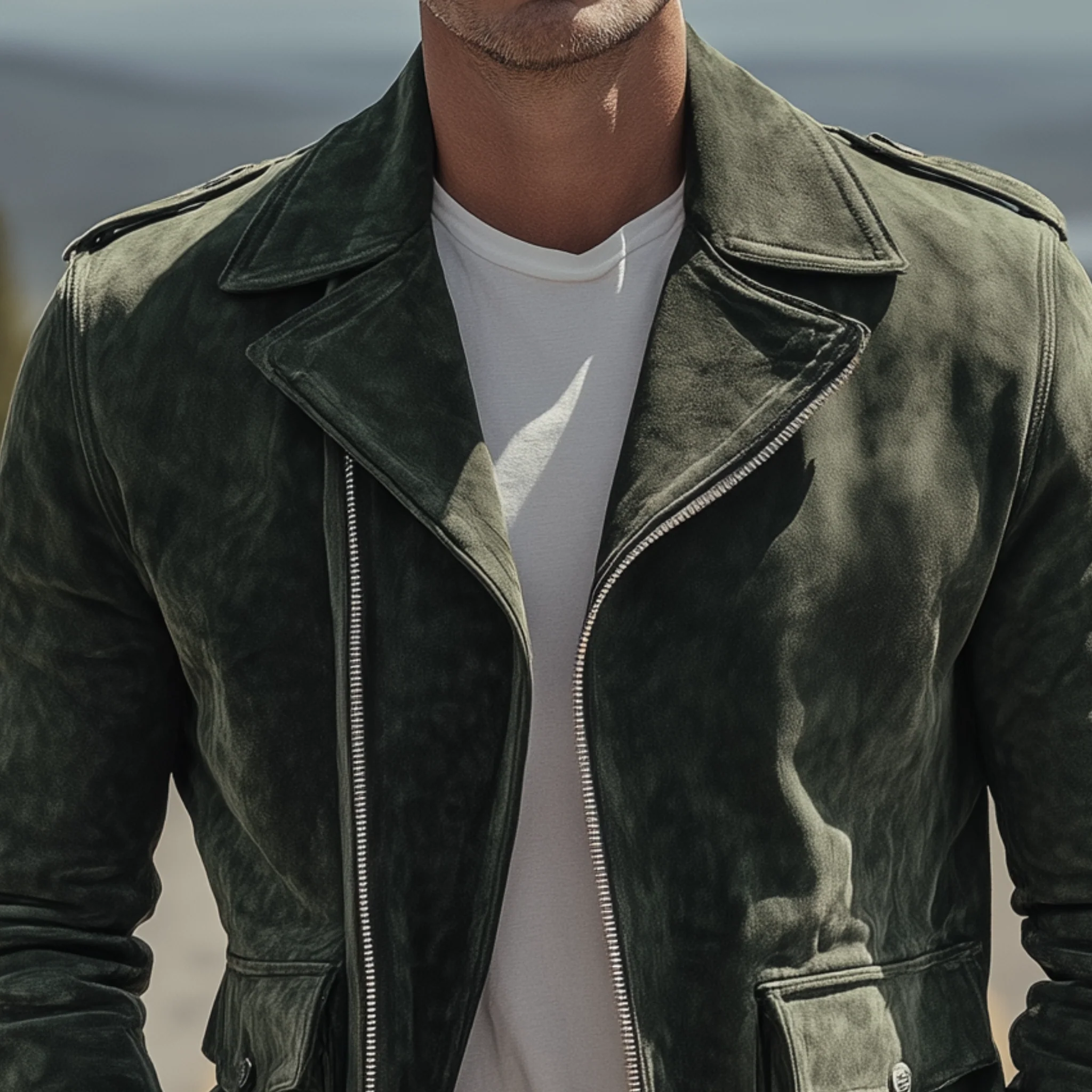 Veste Homme Classique en Suède – Veste Moto Vintage avec Revers et Fermeture Éclair – Image 4