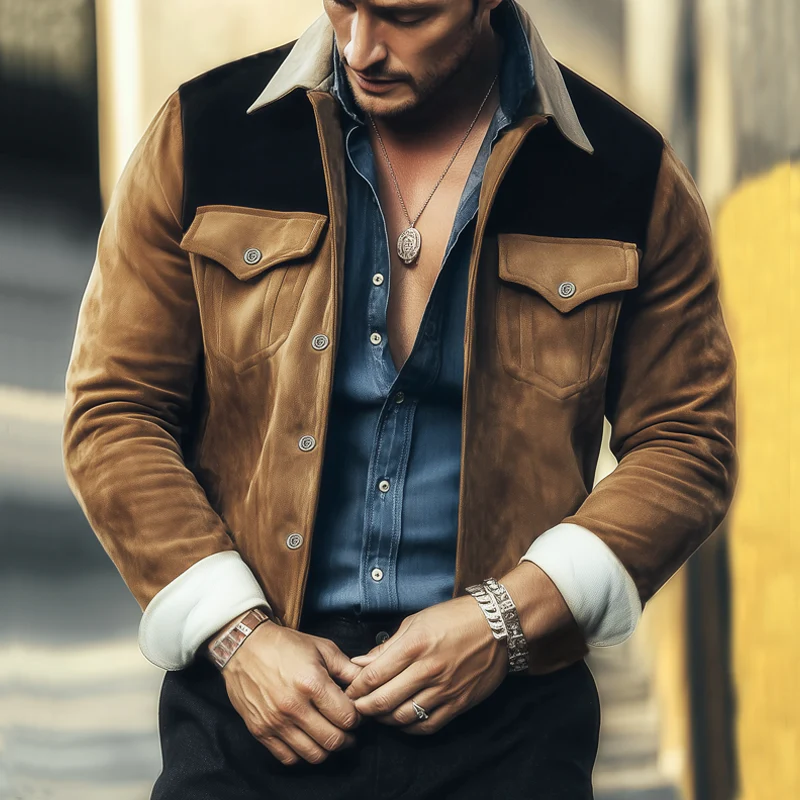 Veste Homme en Suède Marron – Veste Rétro à Blocs de Couleurs pour l'Automne et l'Hiver – Image 2