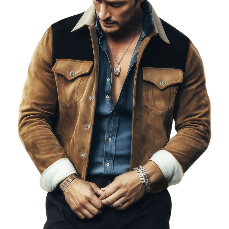 Veste Homme en Suède Marron – Veste Rétro à Blocs de Couleurs pour l'Automne et l'Hiver – Image 3