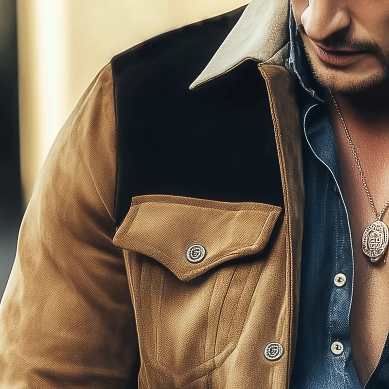 Veste Homme en Suède Marron – Veste Rétro à Blocs de Couleurs pour l'Automne et l'Hiver – Image 4