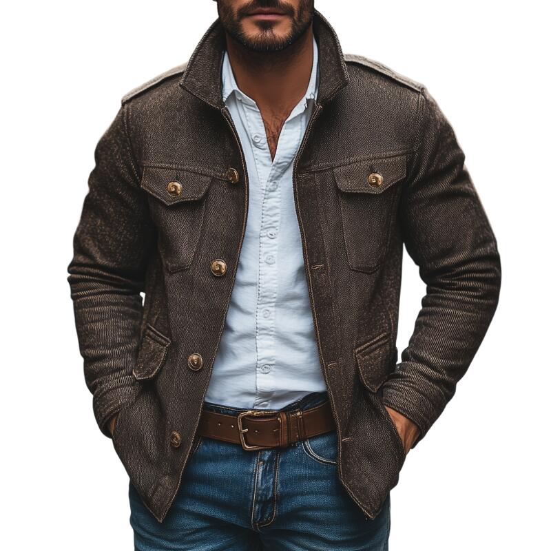 Veste en Coton Vintage pour Homme à Col, Simple Boutonnage et Multi-poches, Marron