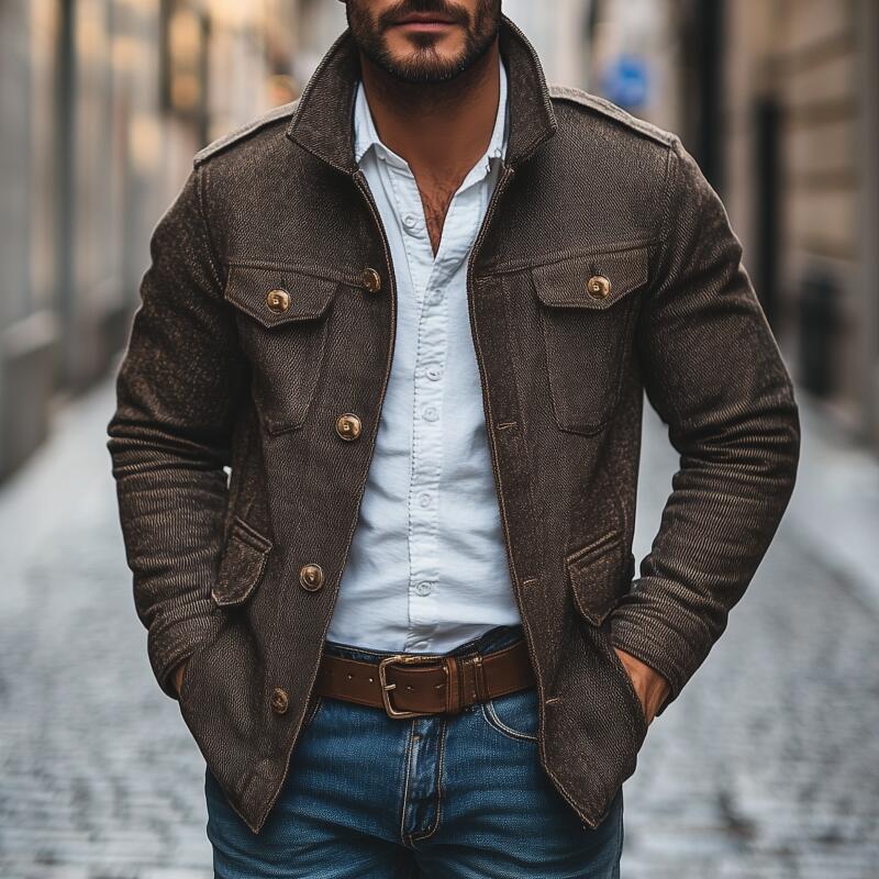 Veste en Coton Vintage pour Homme à Col, Simple Boutonnage et Multi-poches, Marron – Image 3