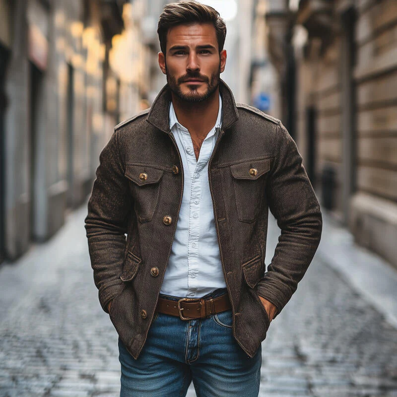 Veste en Coton Vintage pour Homme à Col, Simple Boutonnage et Multi-poches, Marron – Image 4