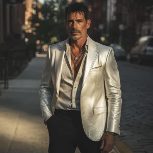 Homme Blazer en Cuir PU Argenté – Veste Vintage avec Revers