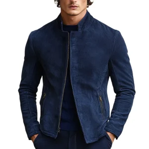 Veste Herenjack en Suède Marine – Veste Slim Fit Luxe avec Col Montant