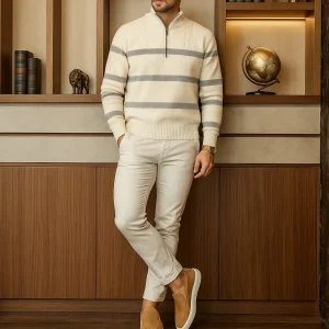 Maddox - Pull Tricoté à Demi-Zip Rayé