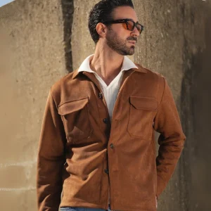 Veste Homme en Suède Camel – Chemise Overshirt Slim Fit de Luxe avec Détails de Poches