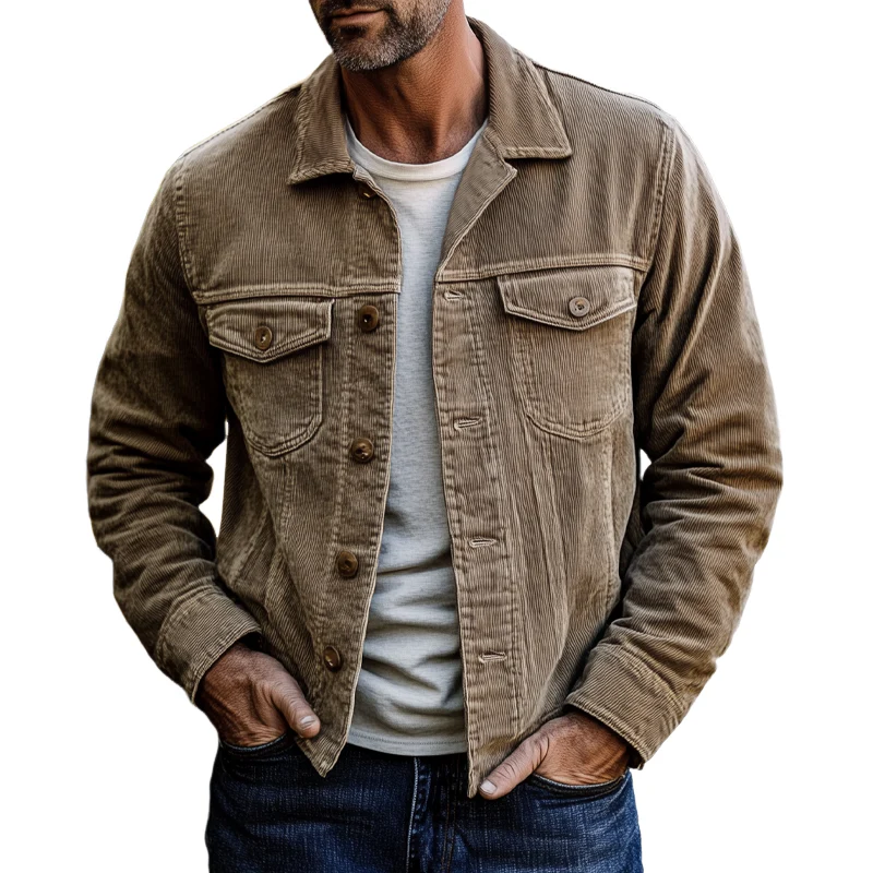 Veste en Côtelé Vintage pour Homme | Fermeture à Un Bouton & Revers – Beige Quiet Luxury – Image 3