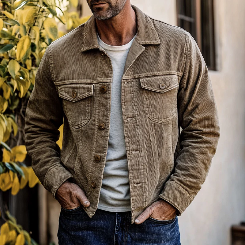 Veste en Côtelé Vintage pour Homme | Fermeture à Un Bouton & Revers – Beige Quiet Luxury – Image 2