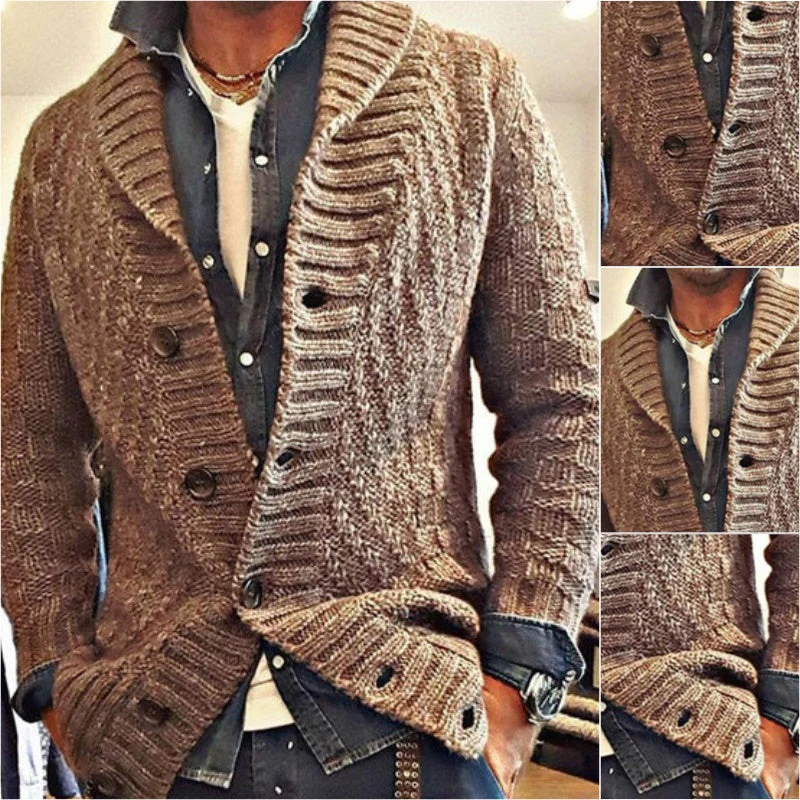 Cardigan vintage tricoté pour hommes – Gilet en laine chaud avec col à revers marron – Image 5
