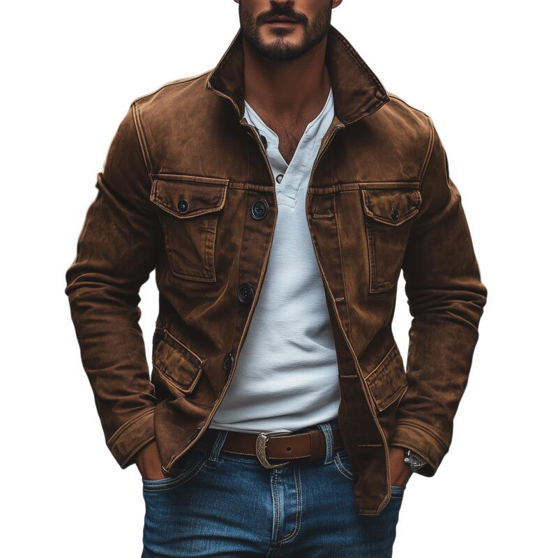 Veste en denim vintage lavée marron pour homme avec poches multiples – Image 2