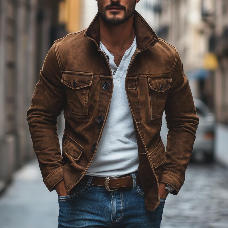 Veste en denim vintage lavée marron pour homme avec poches multiples – Image 3