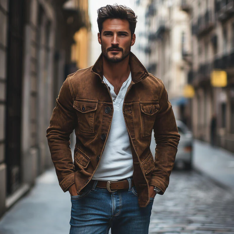 Veste en denim vintage lavée marron pour homme avec poches multiples – Image 4