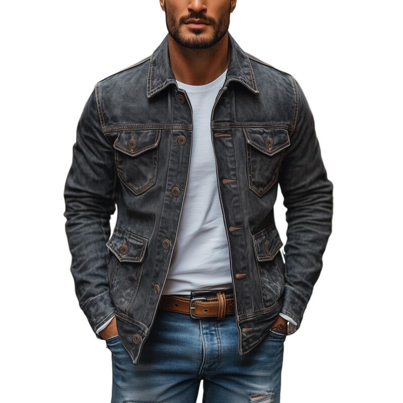 Veste en Denim Vintage Lavée pour Homme - Veste en Denim Durable Grise – Image 2