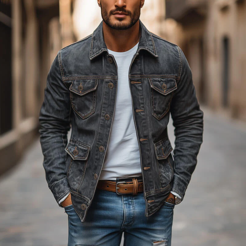 Veste en Denim Vintage Lavée pour Homme - Veste en Denim Durable Grise – Image 3