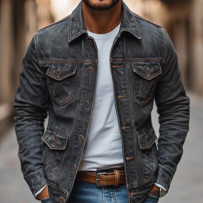 Veste en Denim Vintage Lavée pour Homme - Veste en Denim Durable Grise – Image 4