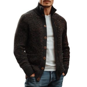 Veste tricotée vintage chic pour hommes avec col montant et boutons – Style Old Money