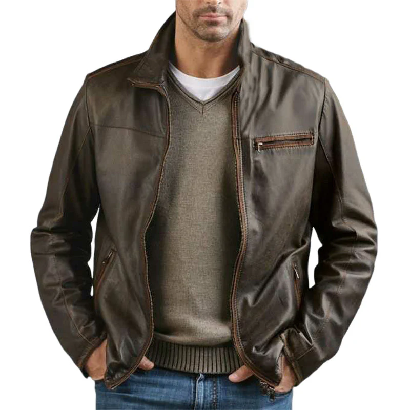 Veste en cuir classique vintage marron pour homme – Style hivernal entre-saison pour homme 2025 – Image 2