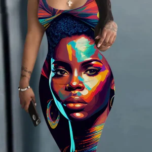 Robe ample à imprimé numérique pour femme, sans manches, col rond, coupe ajustée