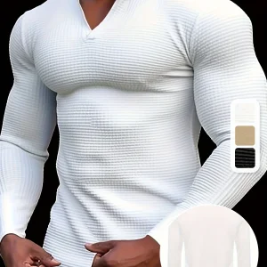 T-shirt  à manches longues et col en V gaufré pour homme