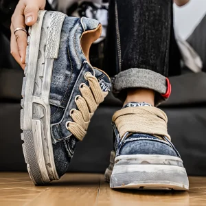 Chaussures décontractées en denim délavé rétro à semelles épaisses