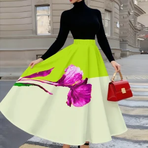 Jupe mi-longue élégante pour femme, imprimée de fleurs et d'orchidées roses