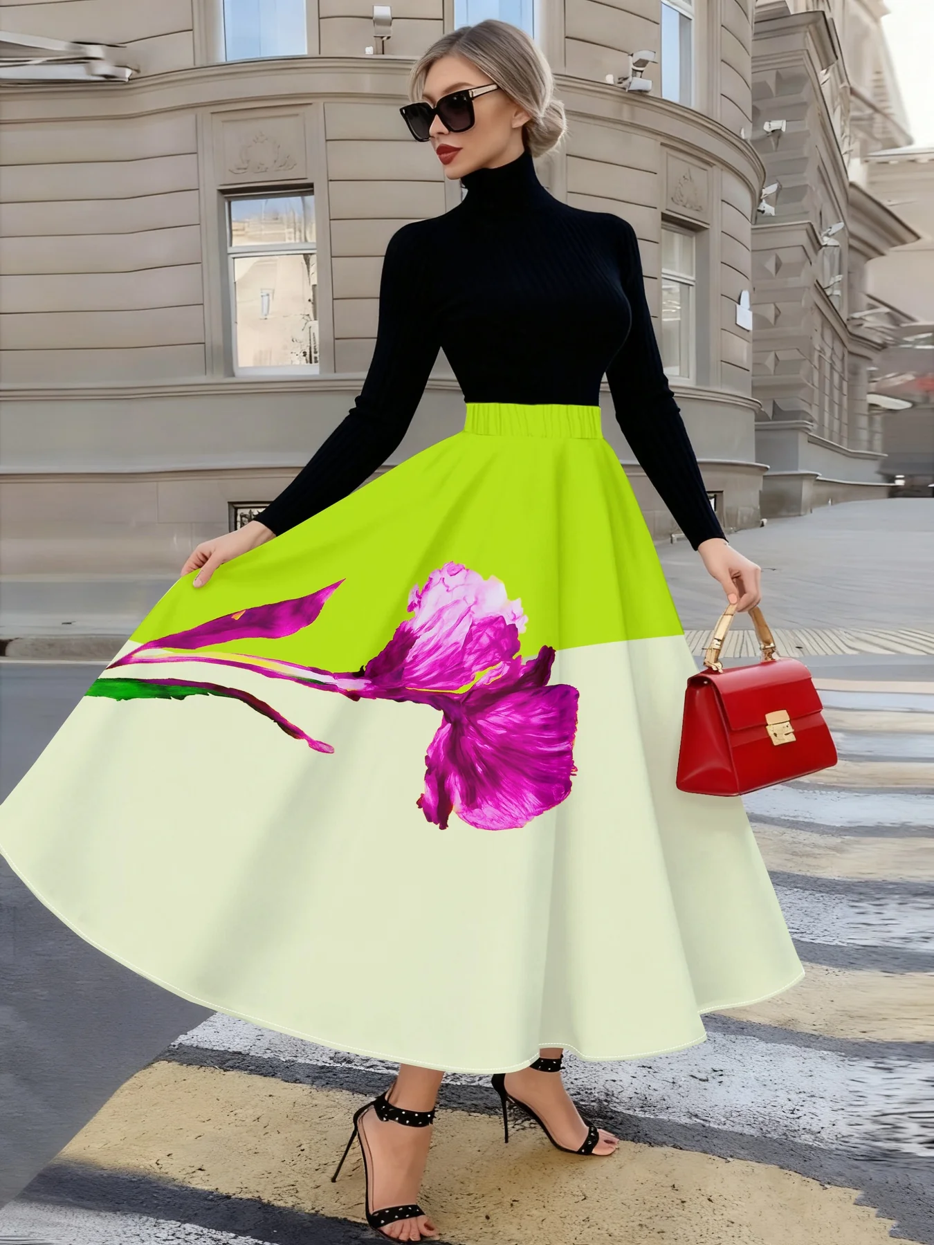 Jupe mi-longue élégante pour femme, imprimée de fleurs et d'orchidées roses – Image 2