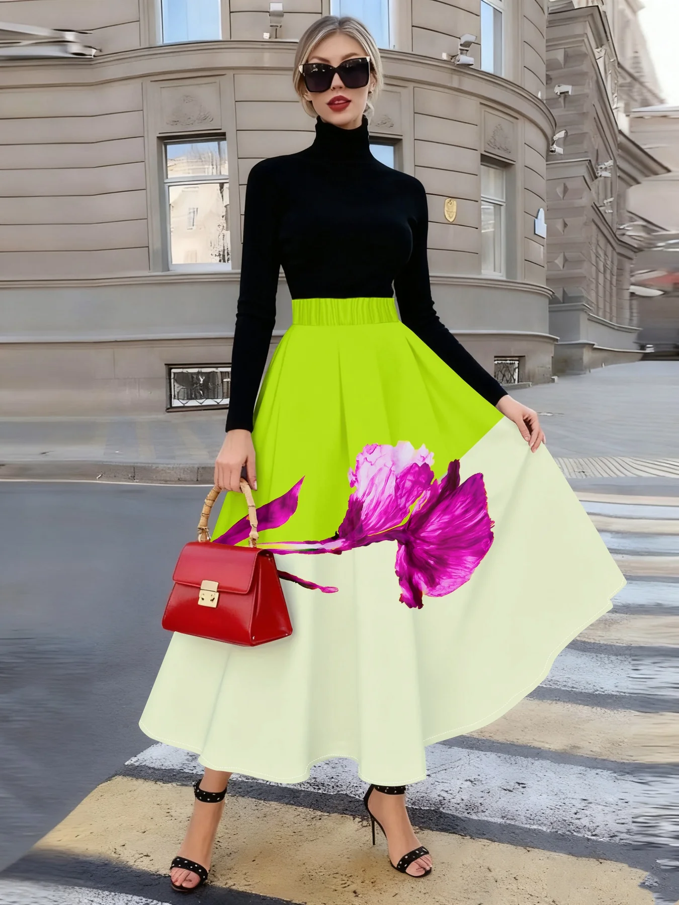 Jupe mi-longue élégante pour femme, imprimée de fleurs et d'orchidées roses – Image 6