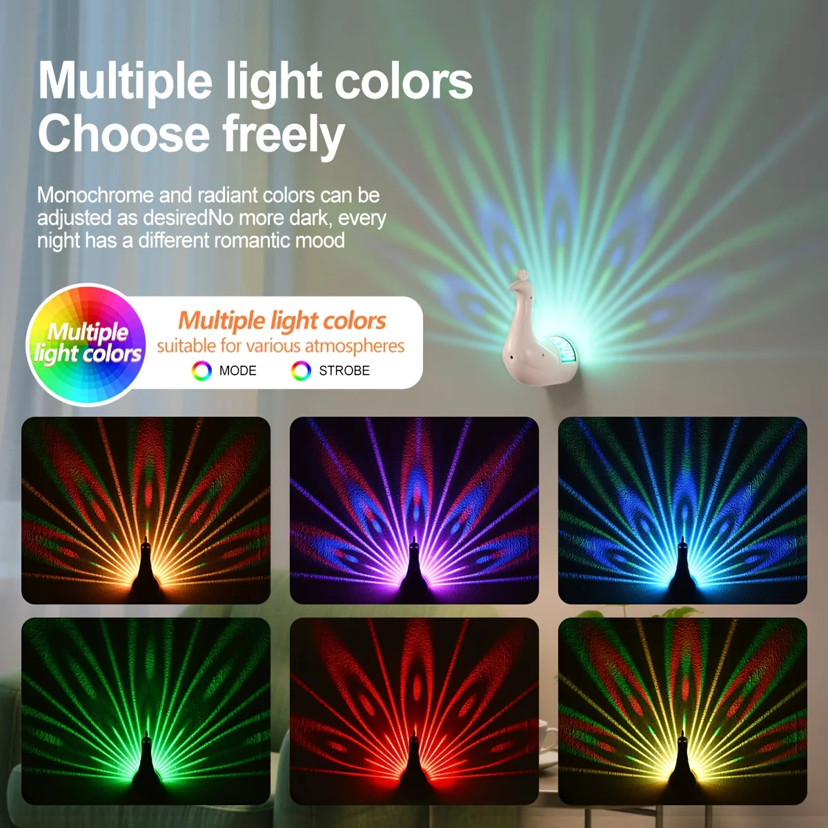 Applique murale Paon en plastique 3D indépendante, 16 couleurs réglables pour différentes pièces - Éclairage sur le thème des animaux avec commande tactile et télécommande, batterie rechargeable – Image 6