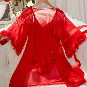 Ensemble de lingerie en dentelle contrastée unie, body et peignoir à col en V