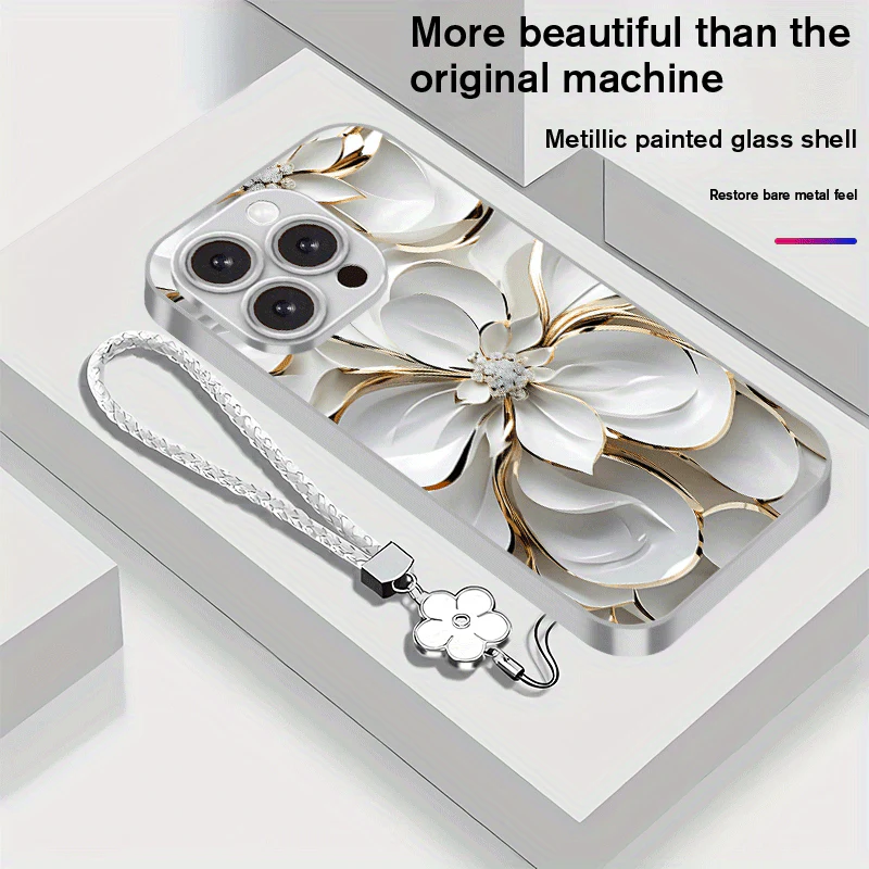 Coque de téléphone en verre plaqué avec motif floral et lanière,IPHONE – Image 9