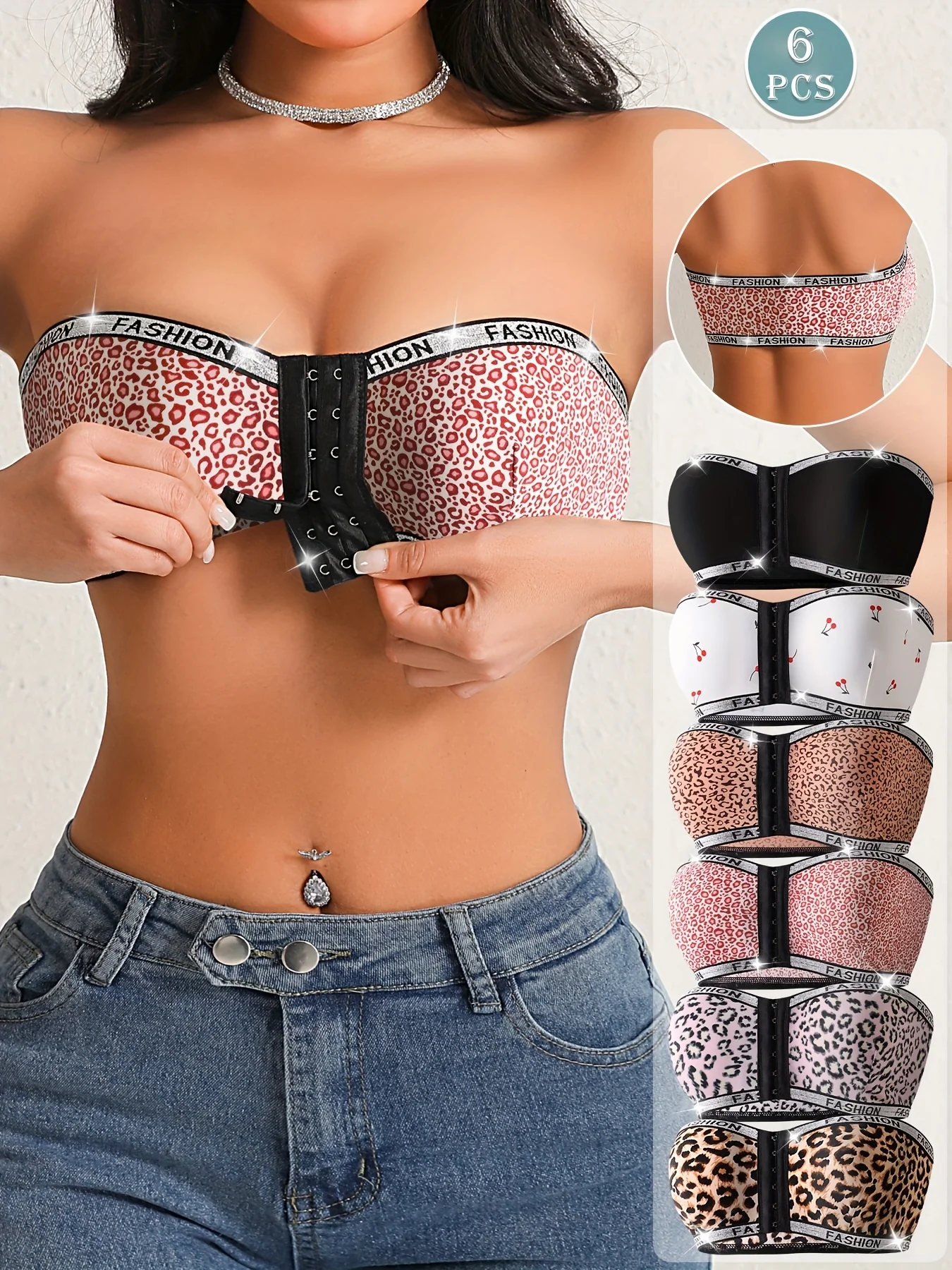 Ensemble de 6 soutiens-gorge sans bretelles à imprimé léopard