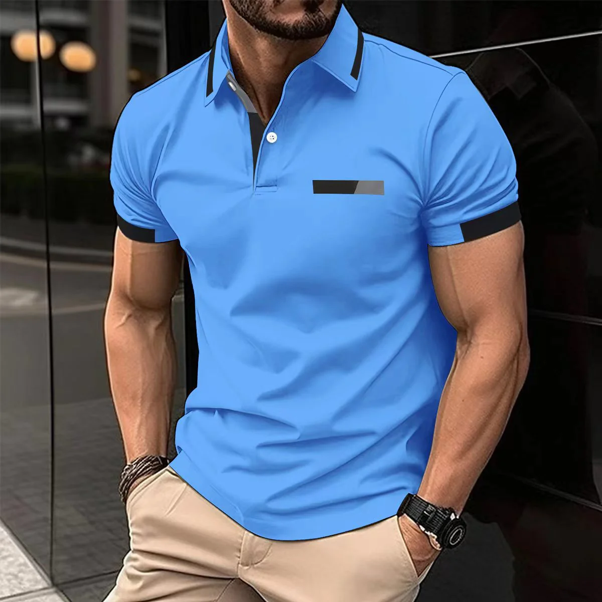 Polo décontracté pour homme, fausse poche poitrine, revers boutonné, style business – Image 4
