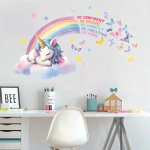 Sticker mural licorne arc-en-ciel bohème chic
