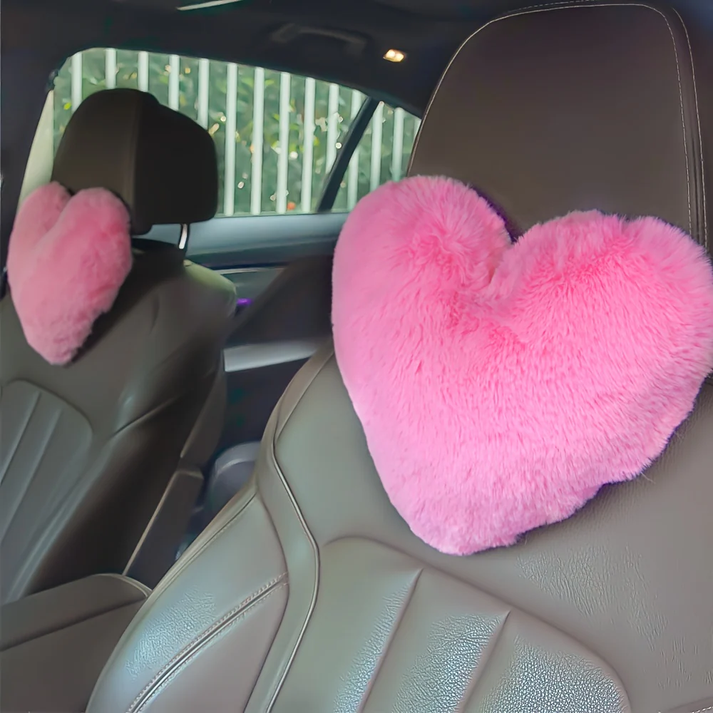 Appuie-tête de voiture (2 pièces), coussin en peluche en forme de cœur – Image 2
