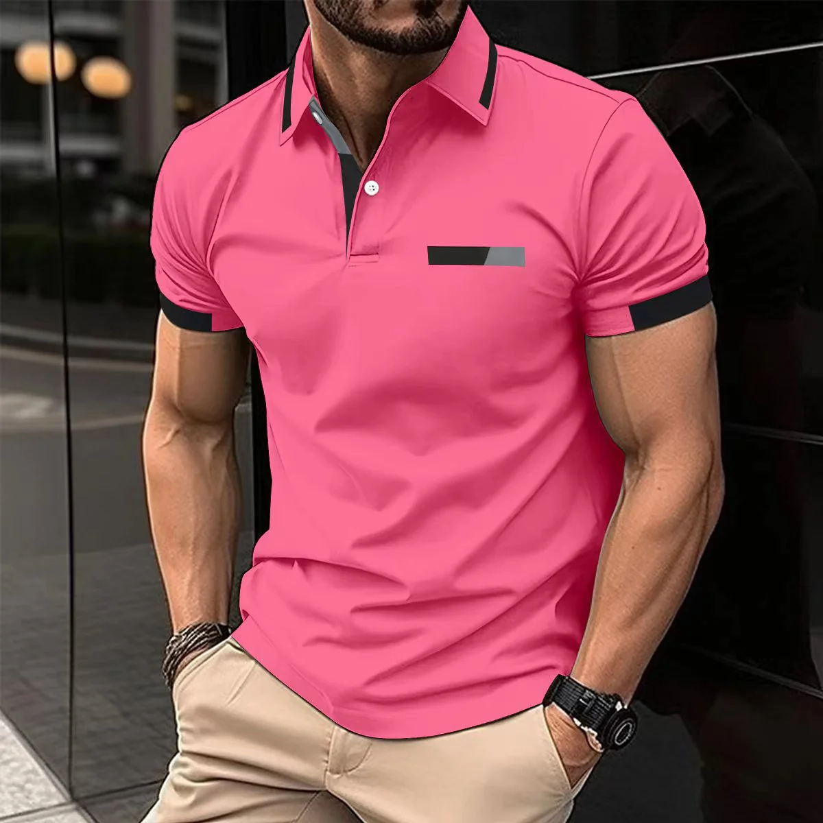 Polo décontracté pour homme, fausse poche poitrine, revers boutonné, style business – Image 5