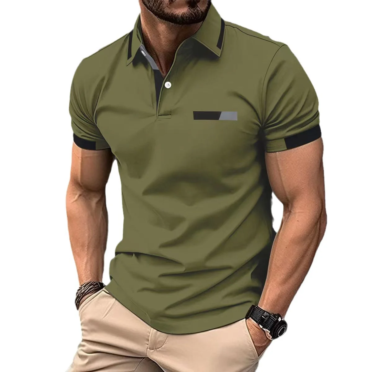 Polo décontracté pour homme, fausse poche poitrine, revers boutonné, style business – Image 6