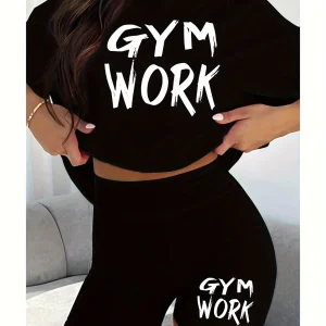 Ensemble de sport 2 pièces pour femme avec t-shirt imprimé « GYM WORK »
