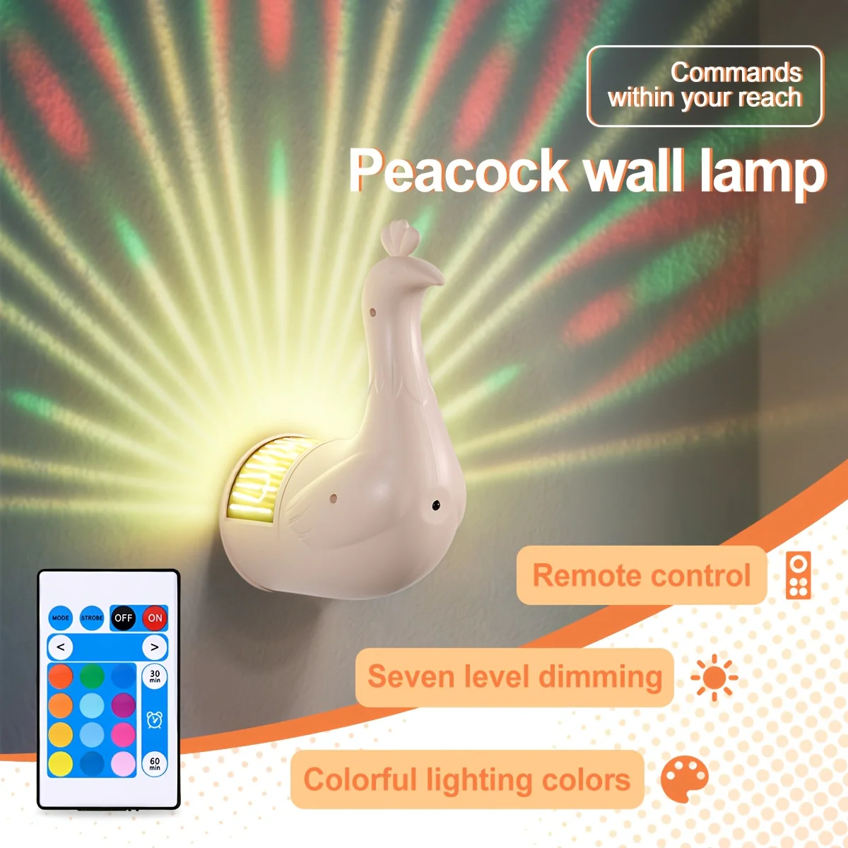 Applique murale Paon en plastique 3D indépendante, 16 couleurs réglables pour différentes pièces - Éclairage sur le thème des animaux avec commande tactile et télécommande, batterie rechargeable – Image 3