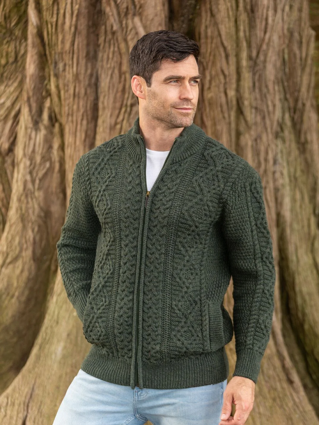 Bernardo - Cardigan homme à fermeture éclair complète – Gilet Old Money en maille torsadée – Vert / Gris – Image 4