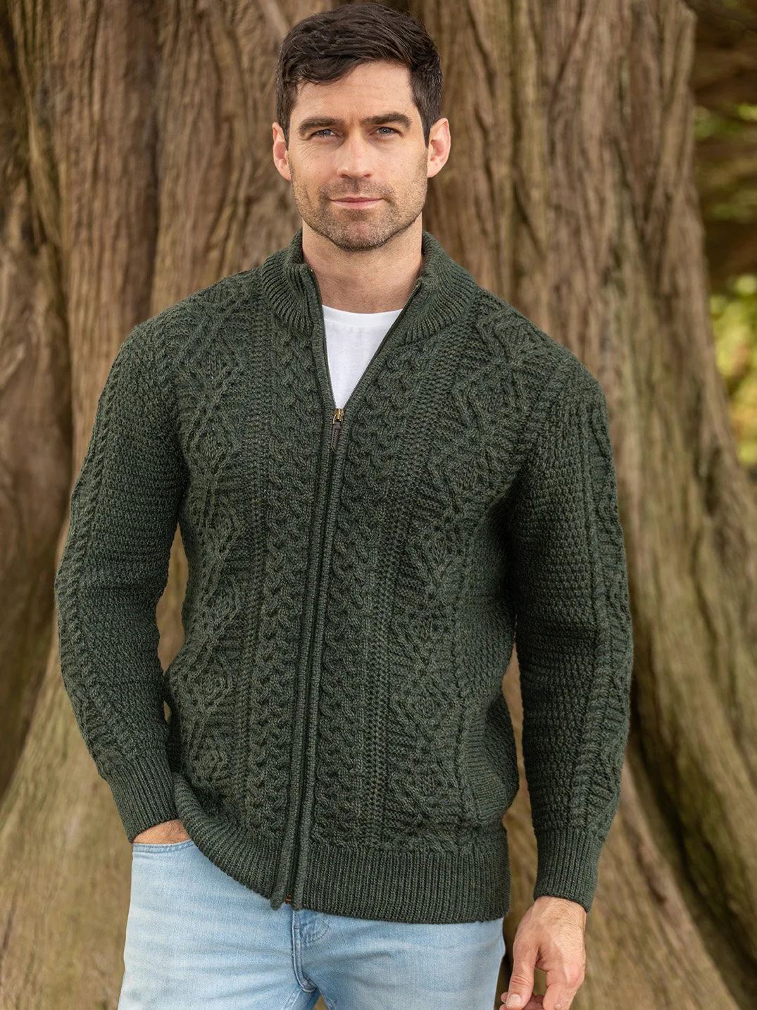 Bernardo - Cardigan homme à fermeture éclair complète – Gilet Old Money en maille torsadée – Vert / Gris – Image 6